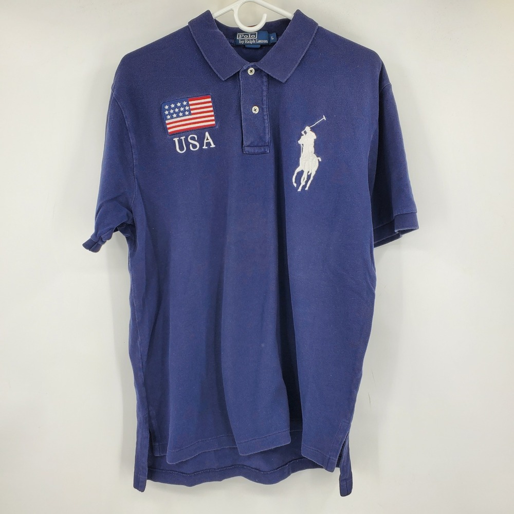 Vintage Polo Ralph Lauren Big Pony‎ USA Blue Short Sleeve Polo Shirt Men L Flag